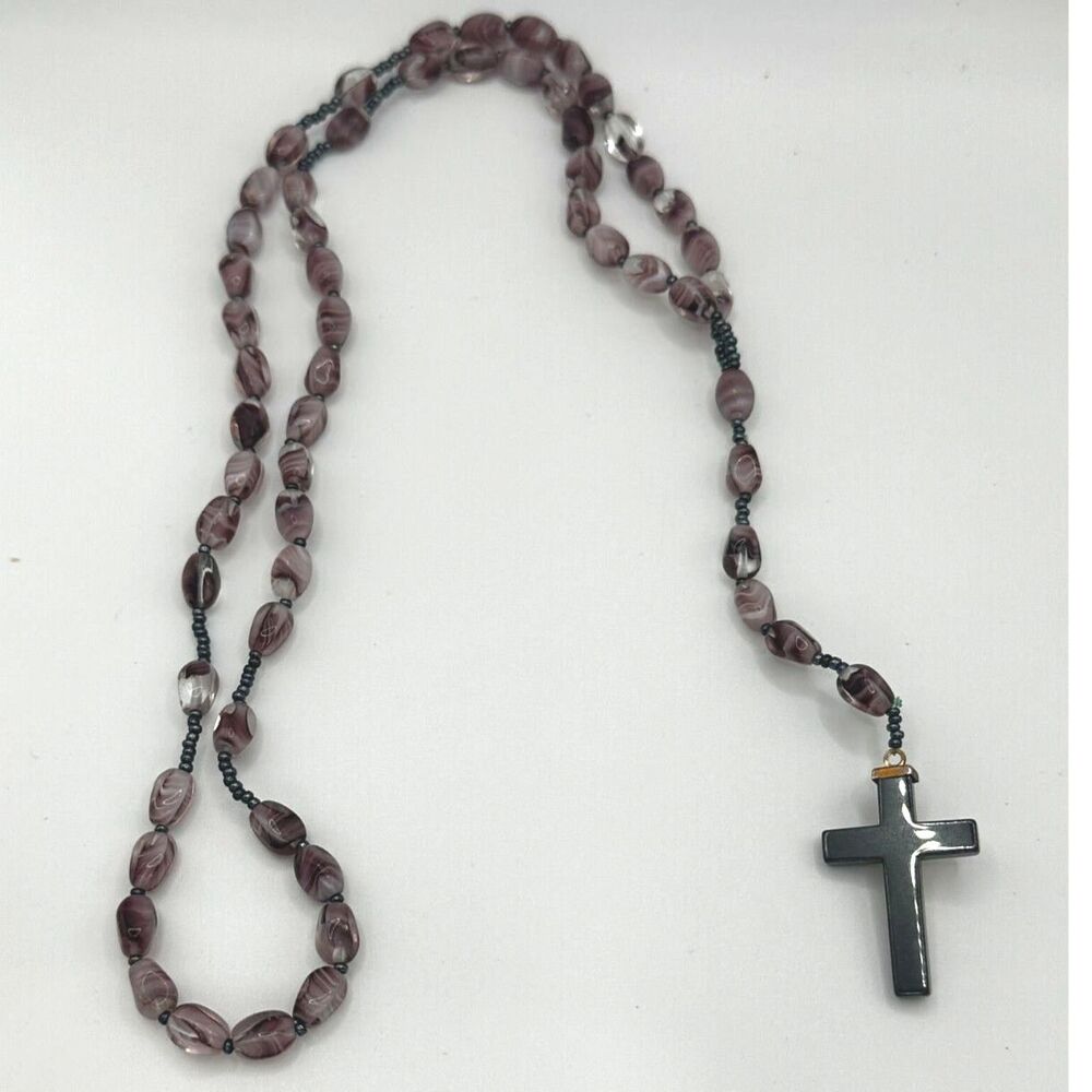 Lavender Stone Type Rosary Beads with Hematite Cross - 16" Total Length